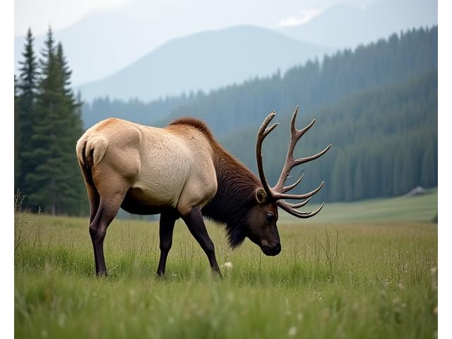Elk grazing peacefully in a meadow with a forest backdrop in the Canadian Rockies