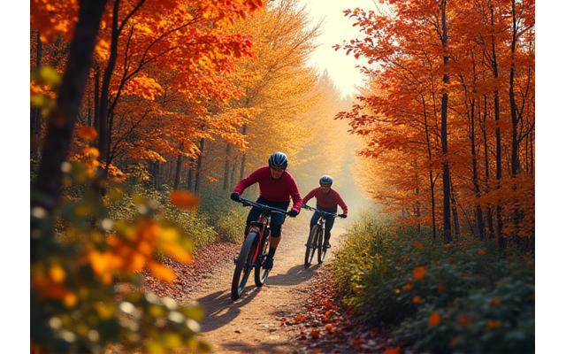 Mountain bikers on a winding trail through a forest in autumn